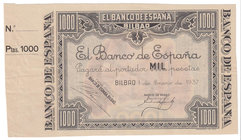 Guerra Civil-Zona Republicana, Banco de España
Banco de España, Bilbao
1000 Pesetas. 1 enero 1937. Sin serie. Con matriz izq. ED.NE27a. Márgenes mal...