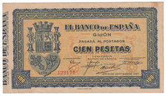 Guerra Civil-Zona Republicana, Banco de España
Banco de España, Gijón
100 Pesetas. Emisión 1937. Sin serie. Numerado. ED.399. EBC+.
