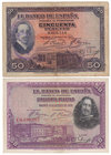 Guerra Civil-Zona Republicana, Banco de España
50 Pesetas. Lote de 2 billetes. 1927 (con tampón azul de la República) y 1928 serie C. MBC a BC-.