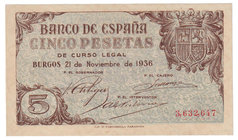 Estado Español, Banco de España
5 Pesetas. Burgos, 21 noviembre 1936. Sin serie. ED.417. Magnífico ejemplar. Muy raro así. EBC+.