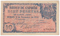 Estado Español, Banco de España
10 Pesetas. Burgos, 21 noviembre 1936. Sin serie. ED.418. Raro. MBC+.