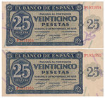 Estado Español, Banco de España
25 Pesetas. Burgos, 21 noviembre 1936. Serie P. Pareja correlativa. ED.419a. Excelente pareja. Escasos así. EBC+.
