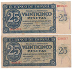 Estado Español, Banco de España
25 Pesetas. Burgos, 21 noviembre 1936. Lote de 2 billetes. Serie D y O. ED.419a. EBC- a MBC-.