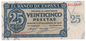 Estado Español, Banco de España
25 Pesetas. Burgos, 21 noviembre 1936. Serie R. ED.419a. Planchado. (EBC+).