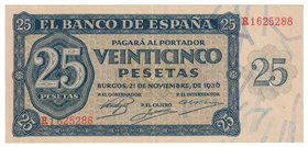 Estado Español, Banco de España
25 Pesetas. Burgos, 21 noviembre 1936. Serie R. ED.419a. EBC.