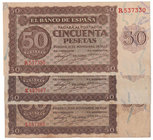 Estado Español, Banco de España
50 Pesetas. Burgos, 21 noviembre 1936. Lote de 3 billetes. Serie K, L y R. ED.420a. EBC a BC+.