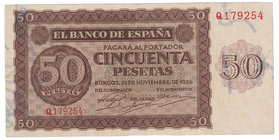 Estado Español, Banco de España
50 Pesetas. Burgos, 21 noviembre 1936. Serie Q. ED.420a. Planchado. (EBC-).