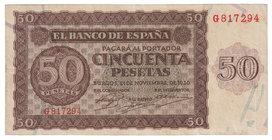 Estado Español, Banco de España
50 Pesetas. Burgos, 21 noviembre 1936. Serie G. ED.420a. Lavado y planchado. (MBC).