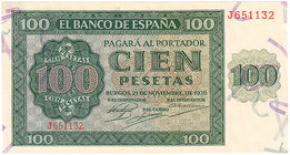 Estado Español, Banco de España
100 Pesetas. Burgos, 21 noviembre 1936. Serie J. ED.421a. Gran ejemplar. Muy escaso así. SC/SC-.
