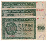 Estado Español, Banco de España
100 Pesetas. Burgos, 21 noviembre 1936. Lote de 3 billetes. Serie D, E y P. ED.421/a. Uno de ellos ligeramente repara...