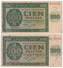 Estado Español, Banco de España
100 Pesetas. Burgos, 21 noviembre 1936. Lote de 2 billetes. Serie N y X. ED.421a. Uno con rotura en margen. BC+.
