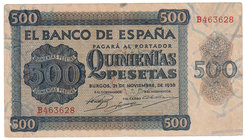 Estado Español, Banco de España
500 Pesetas. Burgos, 21 noviembre 1936. Serie B. ED.422a. Reparado en doblez central. (MBC-).