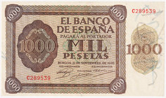 Estado Español, Banco de España
1000 Pesetas. Burgos, 21 noviembre 1936. Serie C. ED.423a. Ligeramente reparado y dos puntos de aguja. Escaso. MBC.