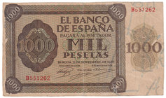 Estado Español, Banco de España
1000 Pesetas. Burgos, 21 noviembre 1936. Serie B. ED.423a. Márgenes recortados. (BC+).