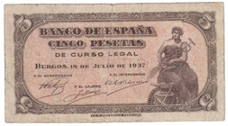 Estado Español, Banco de España
5 Pesetas. Burgos, 18 Julio 1937. Sin serie. ED.424. Lavado y planchado. RC.