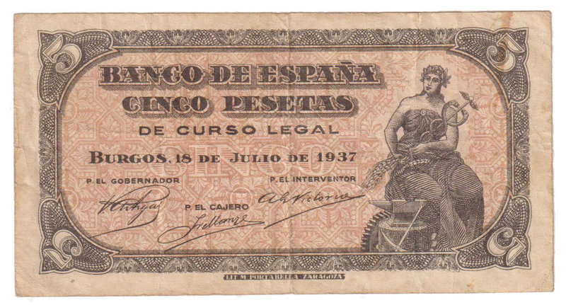 Estado Español, Banco de España
5 Pesetas. Burgos, 18 Julio 1937. Serie C. ED.4...