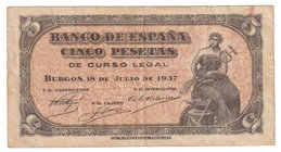 Estado Español, Banco de España
5 Pesetas. Burgos, 18 Julio 1937. Serie C. ED.424a. BC.