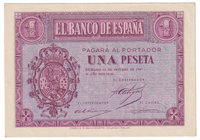 Estado Español, Banco de España
1 Peseta. Burgos, 12 octubre 1937. Serie E. ED.425a. EBC+.