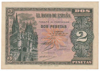 Estado Español, Banco de España
2 Pesetas. Burgos, 12 octubre 1937. Serie A. ED.426. Muy escaso. EBC+.