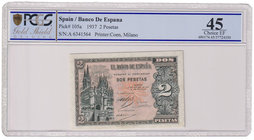 Estado Español, Banco de España
2 Pesetas. Burgos, 12 octubre 1937. Serie A. ED.426. Certificado por la PCGS como Choice EF 45. Escaso. EBC-.