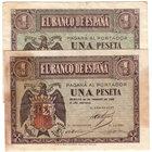 Estado Español, Banco de España
1 Peseta. Lote de 2 billetes. Febrero y Abril 1938. Serie A y D. ED.427/428a. Uno con macha del tiempo. MBC.