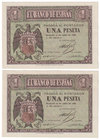 Estado Español, Banco de España
1 Peseta. Burgos, 30 abril 1938. Serie G. Pareja correlativa. ED.428a. EBC+.