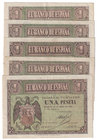 Estado Español, Banco de España
1 Peseta. Burgos, 30 abril 1938. Serie L. Lote de 5 billetes. ED.428a. MBC+ a MBC-.