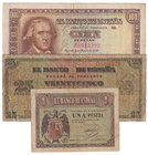 Estado Español, Banco de España
Lote de 3 billetes. 1 Peseta Feb. 1938, 25 Pesetas 1938, 100 Pesetas 1948. ED.428a/430a/456a. MBC- a RC.