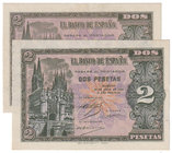 Estado Español, Banco de España
2 Pesetas. Burgos, 30 abril 1938. Serie G. Lote de 2 billetes. ED.429a. EBC+ a EBC.