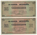 Estado Español, Banco de España
25 Pesetas. Burgos, 20 mayo 1938. Serie C. Lote de 2 billetes. ED.430a. Buenos ejemplares. EBC.