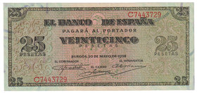 Estado Español, Banco de España
25 Pesetas. Burgos, 20 mayo 1938. Serie C. ED.430a. Planchado. (EBC+).