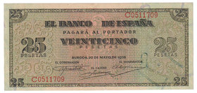 Estado Español, Banco de España
25 Pesetas. Burgos, 20 mayo 1938. Serie C. ED.430a. EBC.