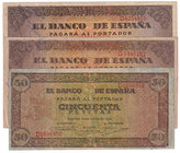 Estado Español, Banco de España
Burgos, 20 mayo 1938. Lote de 3 billetes. 50 Pesetas (serie D) y 100 Pesetas (serie D y G). ED.431a/432a. MBC- a BC-....