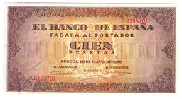 Estado Español, Banco de España
100 Pesetas. Burgos, 20 mayo 1938. Serie A. ED.432. Ejemplar restaurado. EBC.