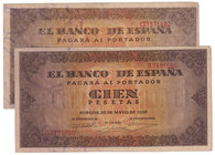 Estado Español, Banco de España
100 Pesetas. Burgos, 20 mayo 1938. Lote de 2 billetes. Serie A y G. ED.432/a. BC+.