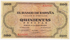 Estado Español, Banco de España
500 Pesetas. Burgos, 20 mayo 1938. Serie A. ED.433. Ligeramente reparado. Escaso. BC+.