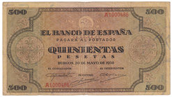 Estado Español, Banco de España
500 Pesetas. Burgos, 20 mayo 1938. Serie A. ED.433. Ligera rotura en margen. Escaso. BC.