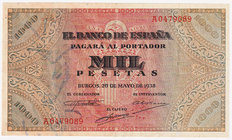 Estado Español, Banco de España
1000 Pesetas. Burgos, 20 mayo 1938. Serie A. ED.434. Reparado. Escaso. MBC-.