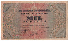 Estado Español, Banco de España
1000 Pesetas. Burgos, 20 mayo 1938. Serie A. ED.434. Manchita de tinta y ligeras roturas en margen. Escaso. (BC-).