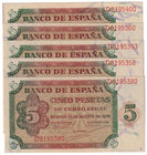 Estado Español, Banco de España
5 Pesetas. Burgos, 10 agosto 1938. Serie D. Lote de 5 billetes. ED.435a. SC a SC-.
