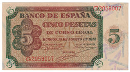 Estado Español, Banco de España
5 Pesetas. Burgos, 10 agosto 1938. Serie G. ED.435a. Muy escaso así. SC.