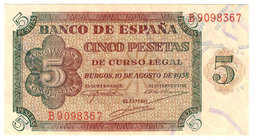 Estado Español, Banco de España
5 Pesetas. Burgos, 10 agosto 1938. Serie B. ED.435a. Gran ejemplar. Muy escaso así. SC.