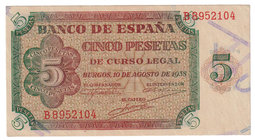 Estado Español, Banco de España
5 Pesetas. Burgos, 10 agosto 1938. Serie B. ED.435a. SC-.
