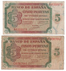 Estado Español, Banco de España
5 Pesetas. Burgos, 10 agosto 1938. Lote de 2 billetes. Serie B y G. ED.435a. Uno de ellos ligeramente recortado. BC+ ...