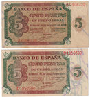 Estado Español, Banco de España
5 Pesetas. Burgos, 10 agosto 1938. Lote de 2 billetes. Serie A y D. ED.435/a. MBC+ a MBC-.