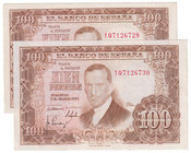 Estado Español, Banco de España
100 Pesetas. 7 abril 1953. Serie 1Q. Pareja correlativa de pares. ED.464c. EBC.