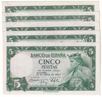 Estado Español, Banco de España
5 Pesetas. 22 julio 1954. Serie Q. Lote de 5 billetes. ED.466a. SC a EBC+.