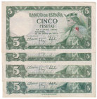 Estado Español, Banco de España
5 Pesetas. 22 julio 1954. Lote de 4 billetes. Sin serie, I, P y U. ED.466/a. EBC+ a MBC-.