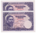 Estado Español, Banco de España
25 Pesetas. 22 julio 1954. Serie H. Pareja correlativa de pares. ED.467a. SC.