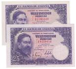 Estado Español, Banco de España
25 Pesetas. 22 julio 1954. Lote de 2 billetes. Serie B e I. ED.467a. EBC a EBC-.